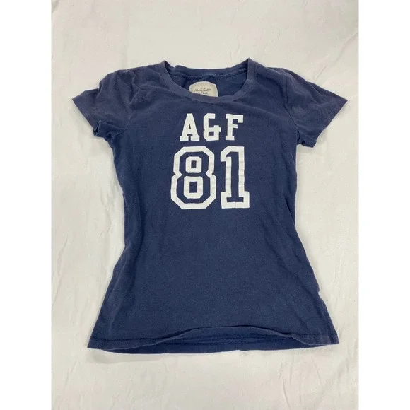 Abercrombie & Fitch Womens Navy Blue A&F Graphic T-Shirt Size L Slim Fit Cotton - Picture 1 of 7